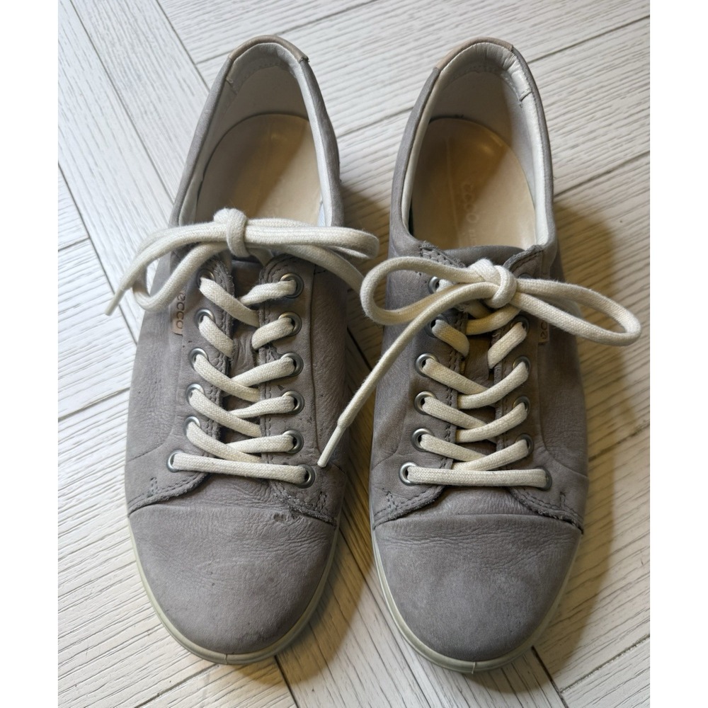 ECCO "Soft 7" Greige Nubuck Leather Lace Up Sneaker Sz 8 Casual Comfort Shoe
